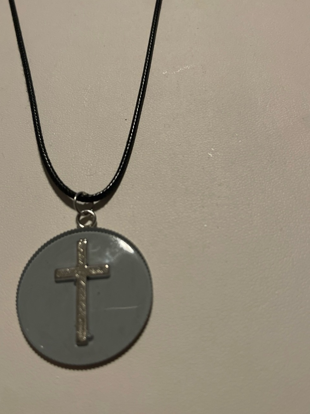 Round Gray Cross Pendant Necklace on Black Cord